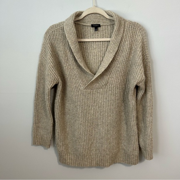 Talbots Shaker Tan V-Neck Wool Blend Shawl Collar Sweater Women’s Size Small - Picture 2 of 6